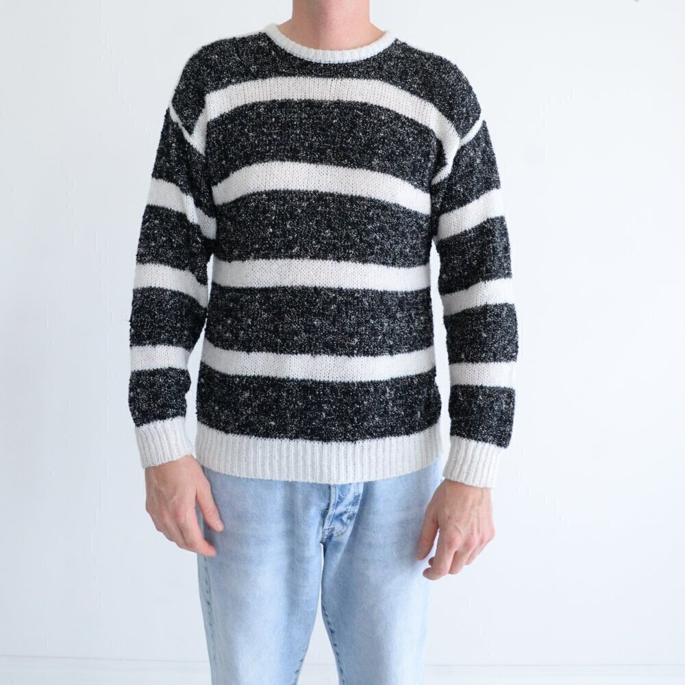Vintage Boundary Waters Black White Stripe Knit Pattern Sweater Outdoor Cabin L